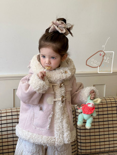女童鹿皮绒加绒外套秋冬新2025女童加厚保暖连帽羊羔皮毛一体大衣