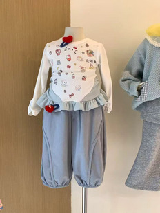 女童kt猫长袖 2025女孩满印猫咪花边打底衫 hello kitty上衣 t恤秋装