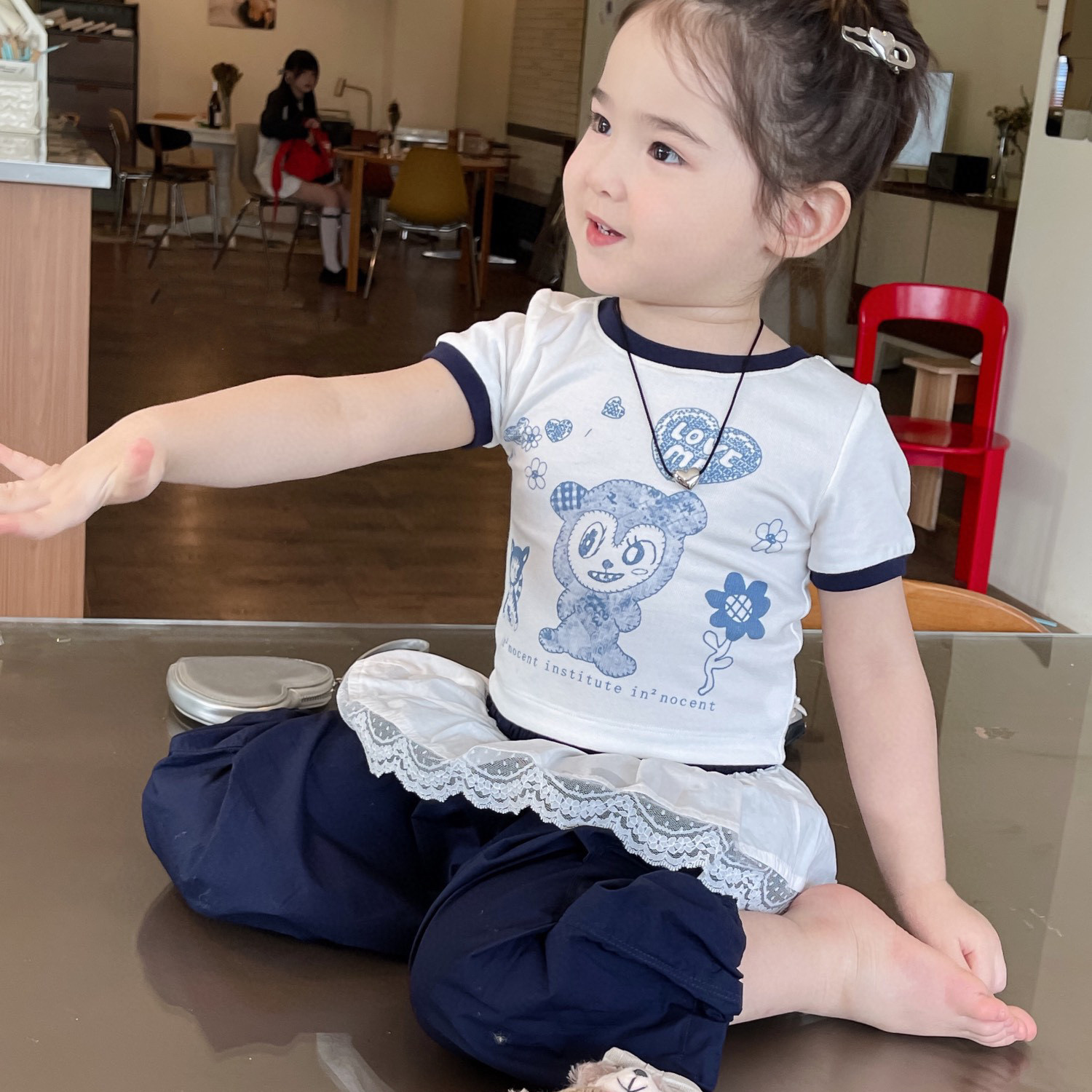 女童短袖屁裙裤套装春夏2025女孩卡通棉T恤p帘裙休闲裤叠穿两件套图片