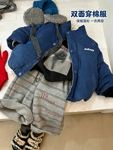 儿童双面穿棉服外套冬装 灯芯绒棉袄条纹面包服 男童加厚立领棉衣