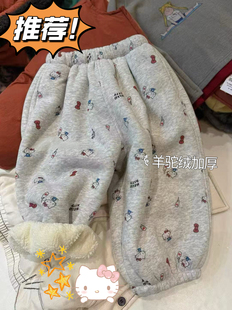 儿童满印kt猫加绒裤子秋冬装2025女童羊驼绒一条过冬加绒加厚卫裤