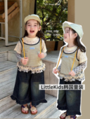 花边上衣t真两件套喇叭牛仔裤 女童叠穿T恤套装 春秋2026新儿童长袖