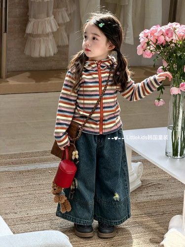 女童秋季条纹连帽衫卫衣套装2026儿童秋装破洞牛仔阔腿裤两件套潮