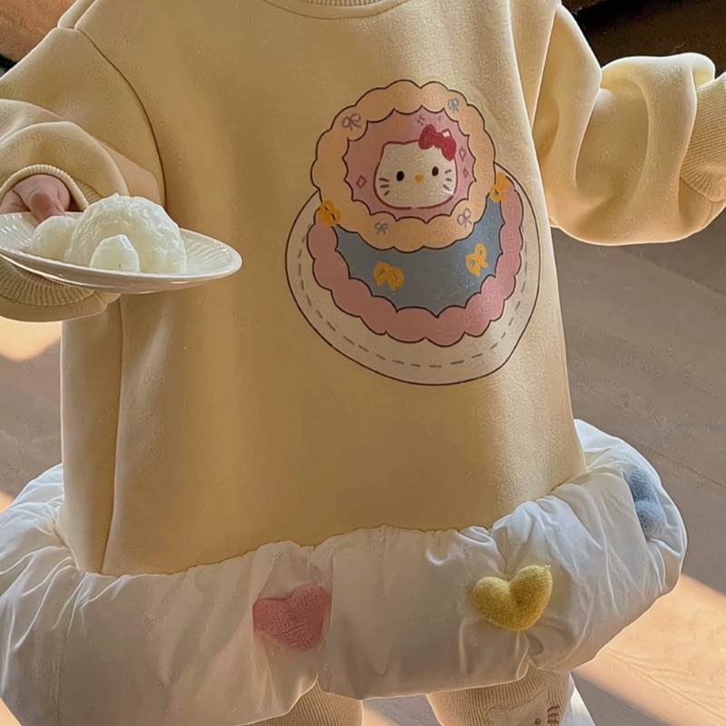 女童加绒卫衣裙hellokitty秋冬装女宝中长款上衣连衣裙打底裤套装