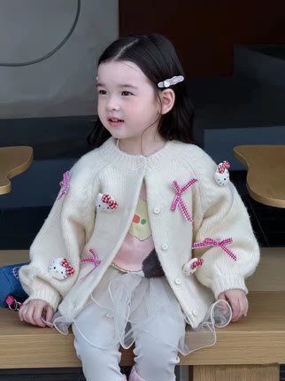 女童kt猫毛衣开衫秋装2025女孩加厚保暖玩偶hellokitty针织衫外套