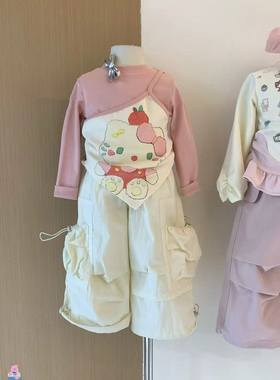 kt猫长袖T恤女童春装2026女孩hellokitty打底衫假2件上衣叠穿套装
