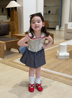 女童娃娃领背心套装夏装2026儿童条纹短袖上衣百褶裙学院风两件套