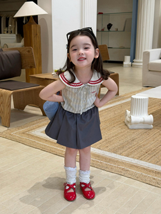 女童娃娃领背心套装夏装2026儿童条纹短袖上衣百褶裙学院风两件套