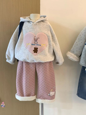 女童连帽卫衣加绒套装秋冬2025女宝上衣加厚卫衣卫裤波点裤两件套