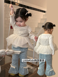 女童假两件网纱t恤套装春装2026婴幼童喇叭牛仔裤长袖叠穿上衣T恤
