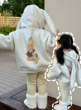 儿童兔耳朵加绒外套秋冬装2025女童加绒加厚可爱宽松连帽卫衣外套