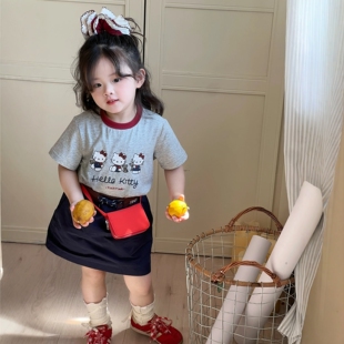 女童kt猫短袖T恤夏2025女宝运动风卡通印花上衣+短裙半身裙两件套