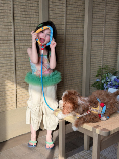 女童夏款多巴胺穿搭 儿童网纱花苞吊带上衣T恤+褶皱裤子 女孩套装