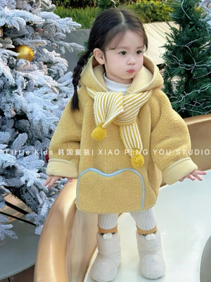 儿童星星加绒外套冬装2025男女童加厚精灵帽毛毛衣保暖中长款大衣