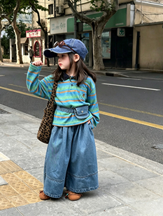 女童条纹长袖套装秋装复古Polo衫上衣牛仔阔腿裤中小童潮酷两件套