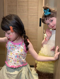 女童多巴胺吊带背心夏2026女宝花边无袖 童趣满印卡通印花T恤 上衣