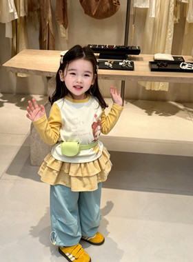 女童秋装拼色长袖T恤假两件2026格纹屁帘裙裤子套装女宝秋款2件套