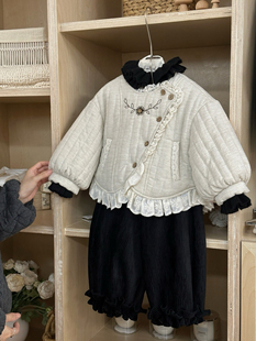 女童森系棉服秋冬装2025女孩加厚保暖棉袄羽绒棉短款花边棉衣外套