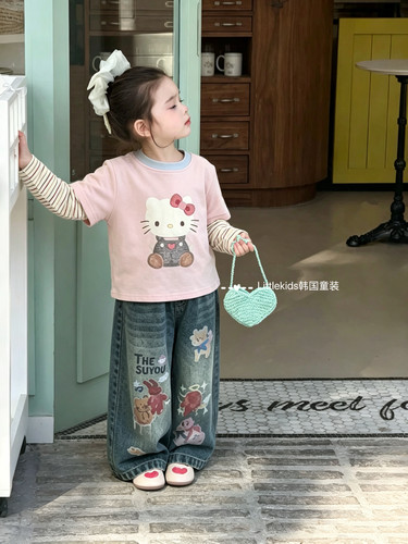女童秋款卡通长袖T恤套装2026新女孩假两件上衣t恤印花牛仔阔腿裤