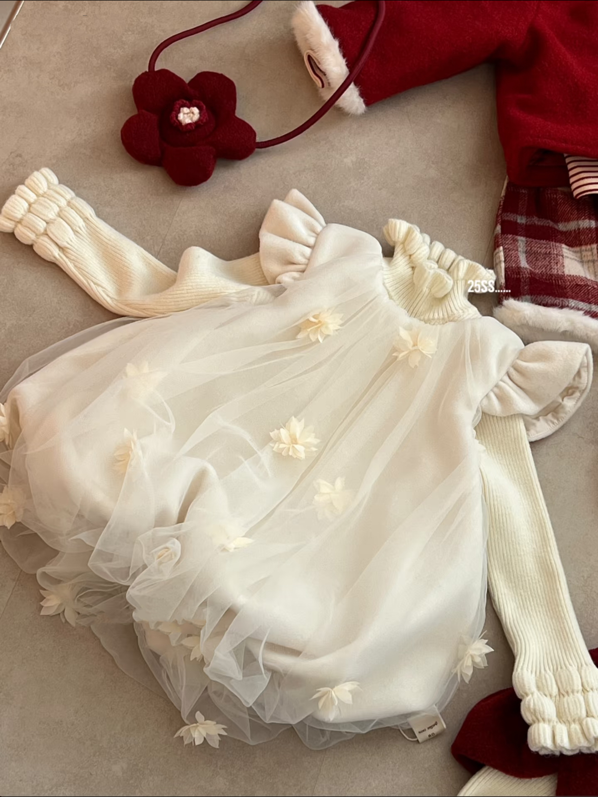 女童花朵连衣裙套装秋冬装2025女宝仙气夹棉背心裙花苞裙加绒纱裙