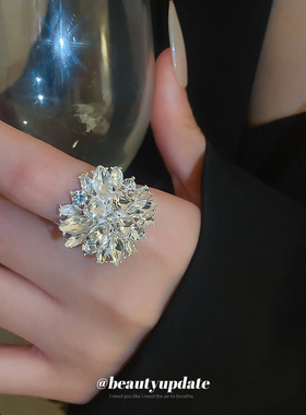 跨境超闪镶钻花朵戒指女小众百搭