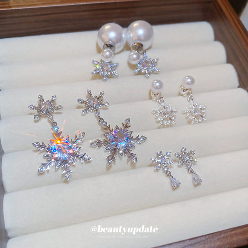 银针锆石雪花水滴珍珠耳钉秋冬高