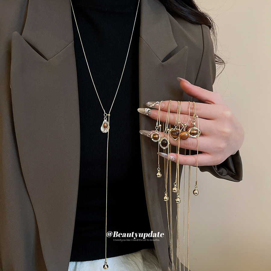 虎眼石爱心几何吊坠可调节项链美