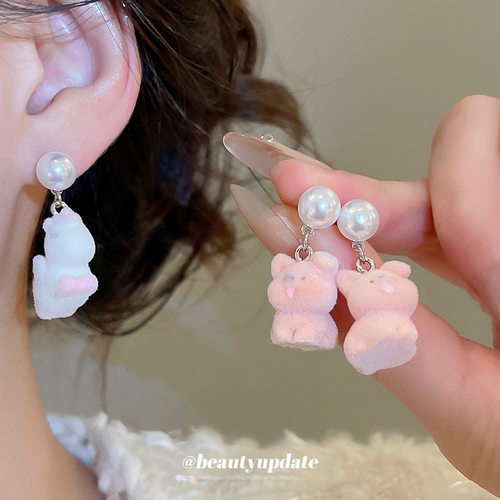 银针植绒小马小狗珍珠耳钉精致甜