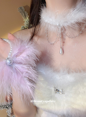 双层珍珠串珠羽毛流苏项链秋冬优