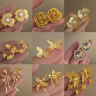 真金电镀银针复古花朵蝴蝶珍珠耳钉夸张设计感耳环小众高级感耳饰