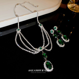 银针镶钻多层项链欧美复古风祖母绿锆石颈链小众高级感气质项饰女