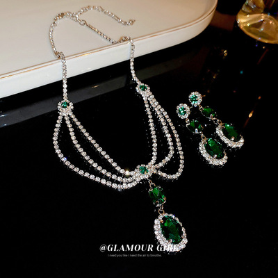 银针镶钻多层项链欧美复古风祖母绿锆石颈链小众高级感气质项饰女