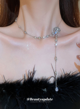 小香风满钻花朵水滴流苏项链ins