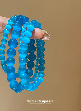 蓝色猫眼石串珠手链女小众设计高