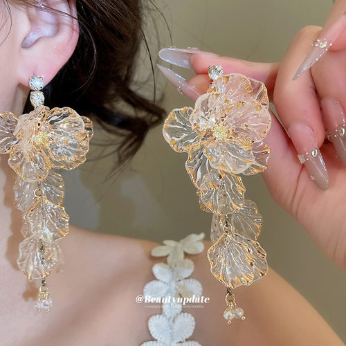 银针镶钻水晶花朵流苏耳钉超仙绝