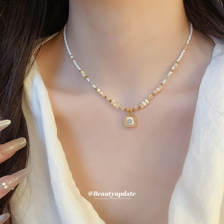 水晶串珠贝壳方形吊坠项链复古优