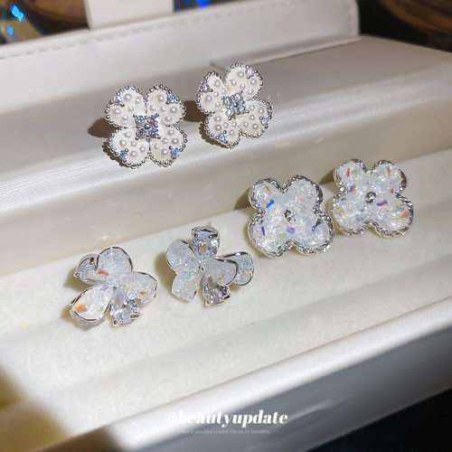 银针锆石珍珠花朵耳钉清新甜美多
