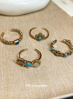 中古vintage镶钻树脂开口戒指复