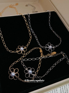 韩系ins镂空花朵珍珠项链手链休