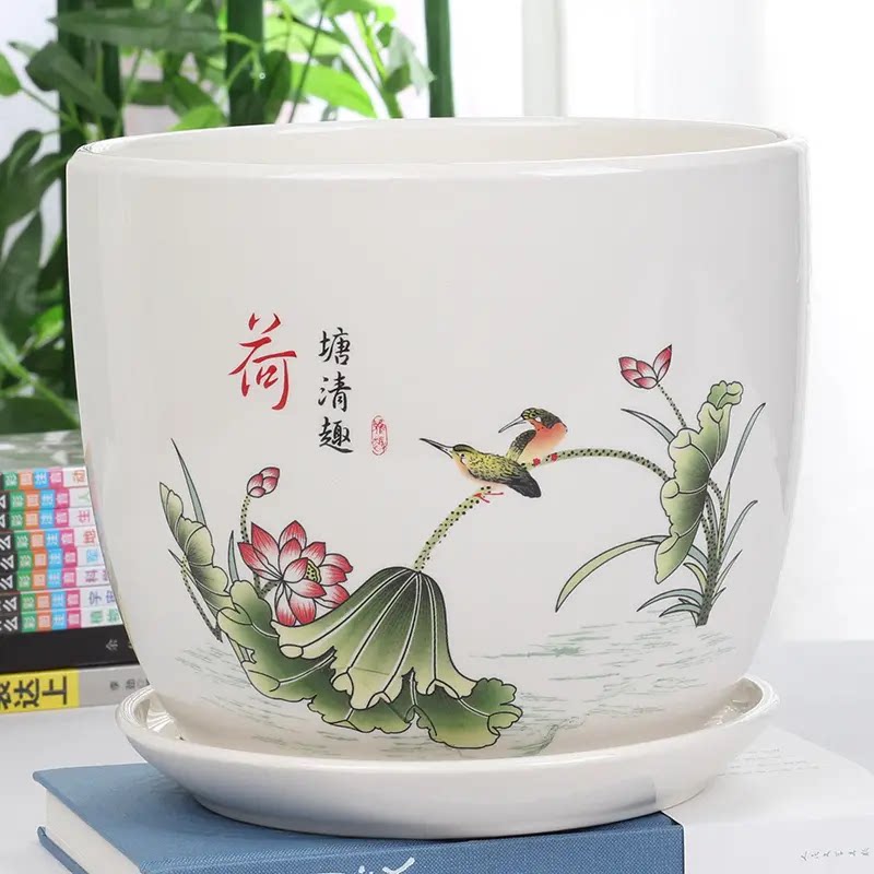 透气花盆陶瓷创意个性大号带一体托盘家用绿萝吊兰花高档花盆