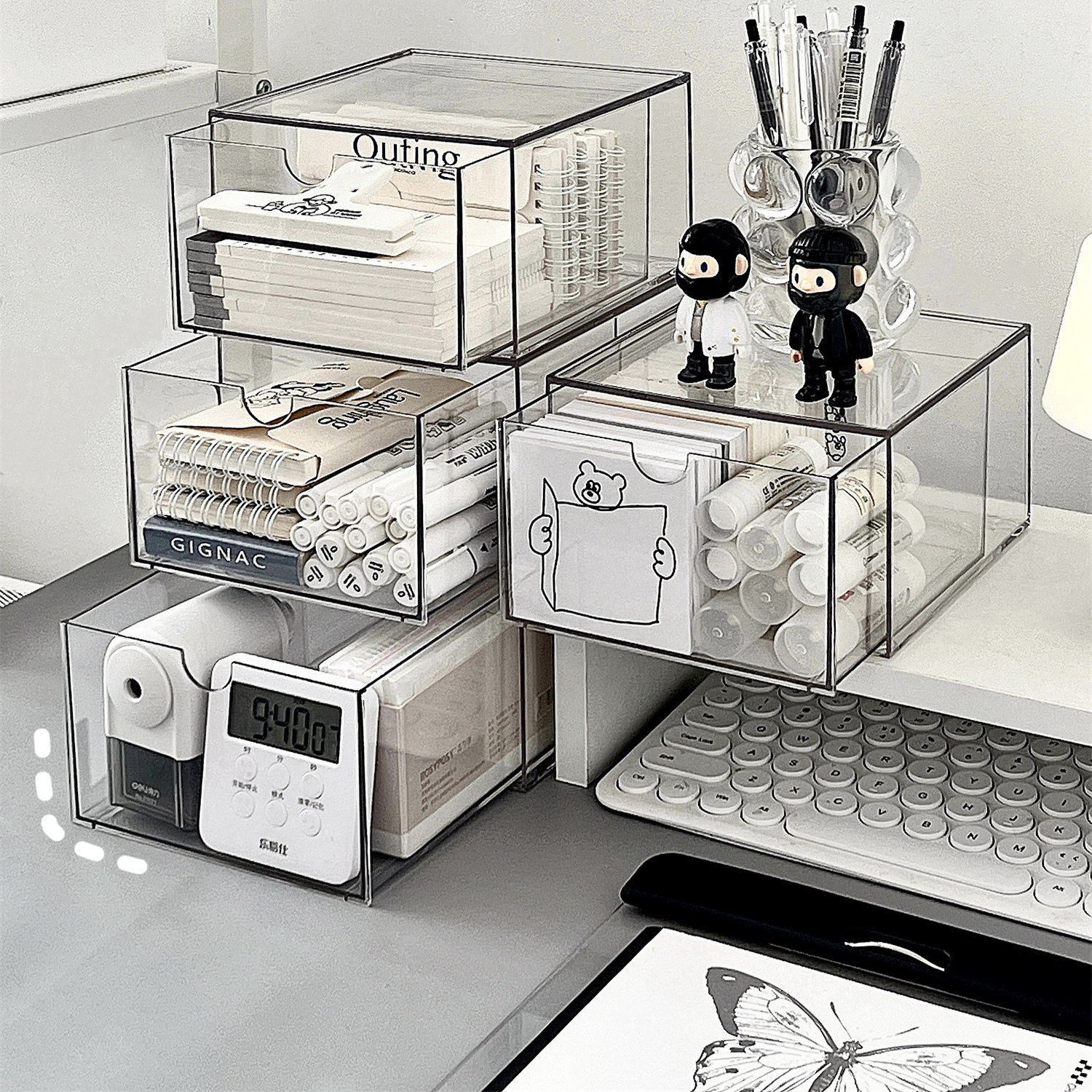 抽屉式杂物收纳盒桌面化妆品整理盒书桌上多层防尘面膜透明小盒子