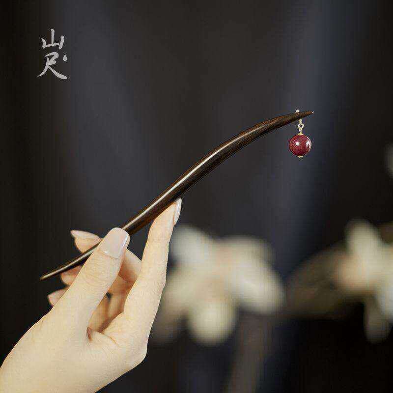 山尺檀木朱砂古风簪子中国风木质气质发饰发簪送女朋友发钗朱璃