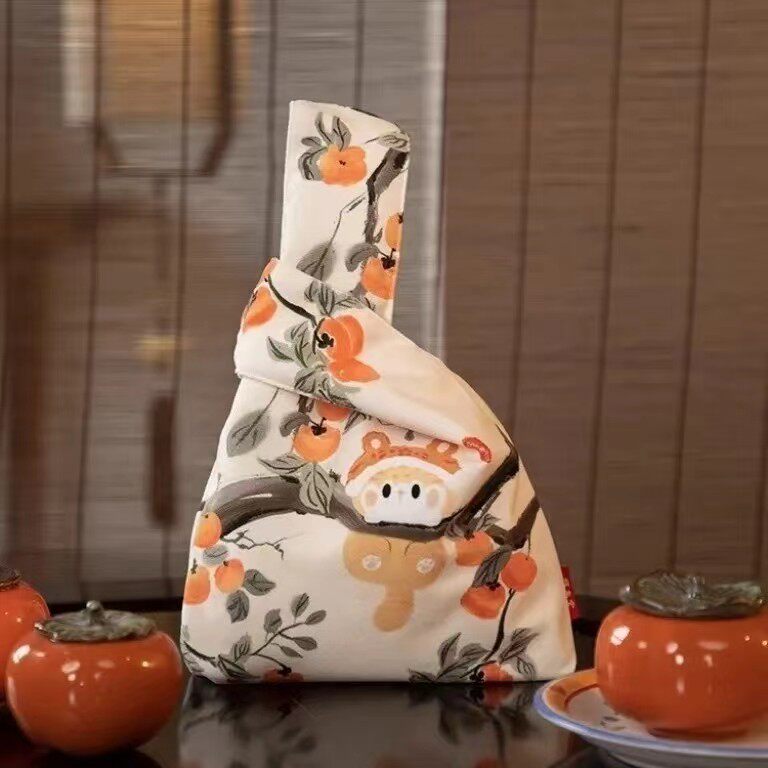 国风柿子猫咪手挽包手腕包手提手拿包女零钱遛弯包手提收纳袋