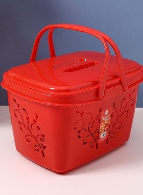 拜神篮子手提带盖双层喜庆红色结婚用喜篮子郊游野餐篮春游收纳筐