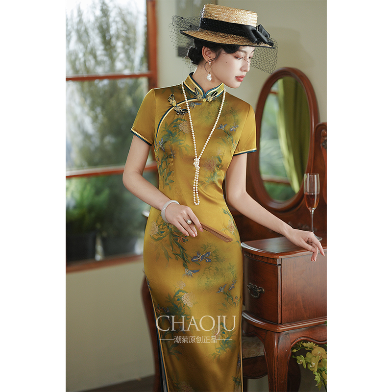 旗袍2024新款真丝桑蚕丝高端新中式走秀主持人年会礼服轻奢高级感