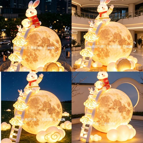 充气月球梯子中秋节网红玉兔月兔抱月饼大型发光月亮美陈装饰气模
