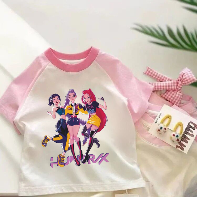 Kpop 猎魔女团女童T恤夏季款儿童纯棉粉色拼白插肩短袖衣服女孩子