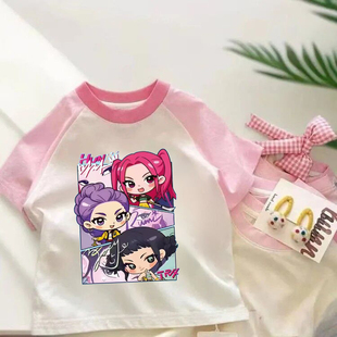儿童纯棉粉红插肩短袖 款 衣服女孩子上衣 猎魔女团女童T恤夏季 Kpop