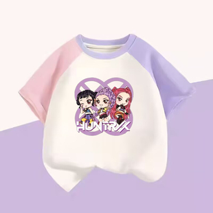 Kpop 款 儿童纯棉粉色拼白插肩短袖 衣服女孩子 猎魔女团女童T恤夏季