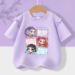 2026新款上衣卡通kpop猎魔女团周边儿童飞袖荷叶短袖纯棉夏季半袖